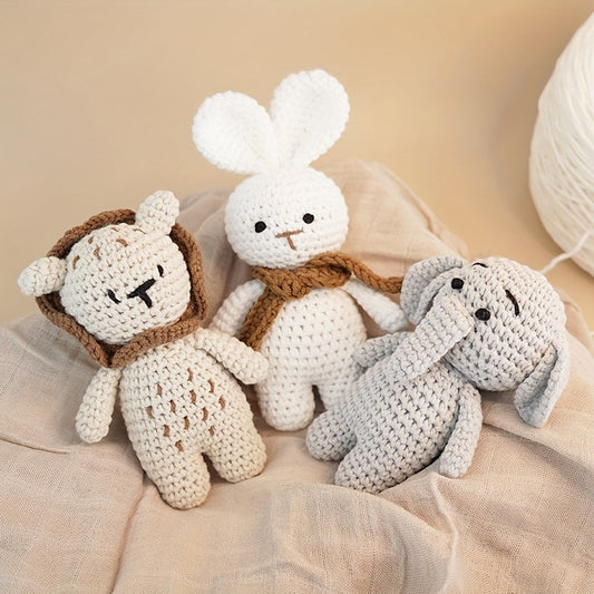 Unique Crocheted Animal Plush Toys - Elephant, Lion, and Bunny - Adorable Cotton Play Dolls in Khaki, Grey, and White - Ideal Keepsake Present