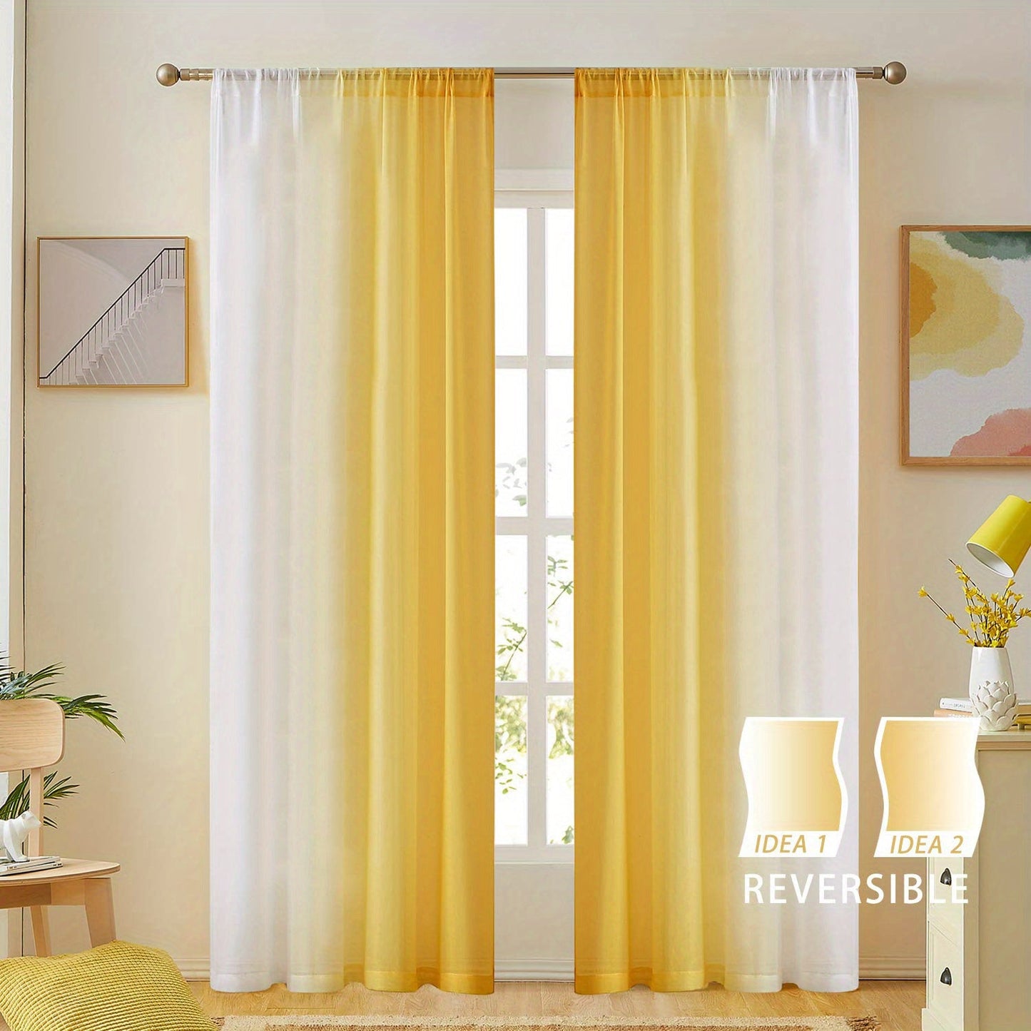 Two pieces of rod pocket curtains with a gradient style, made of transparent imitation linen material. These sheer curtains are perfect for adding a decorative touch to any bedroom, office, kitchen, living room, study, or home decor.