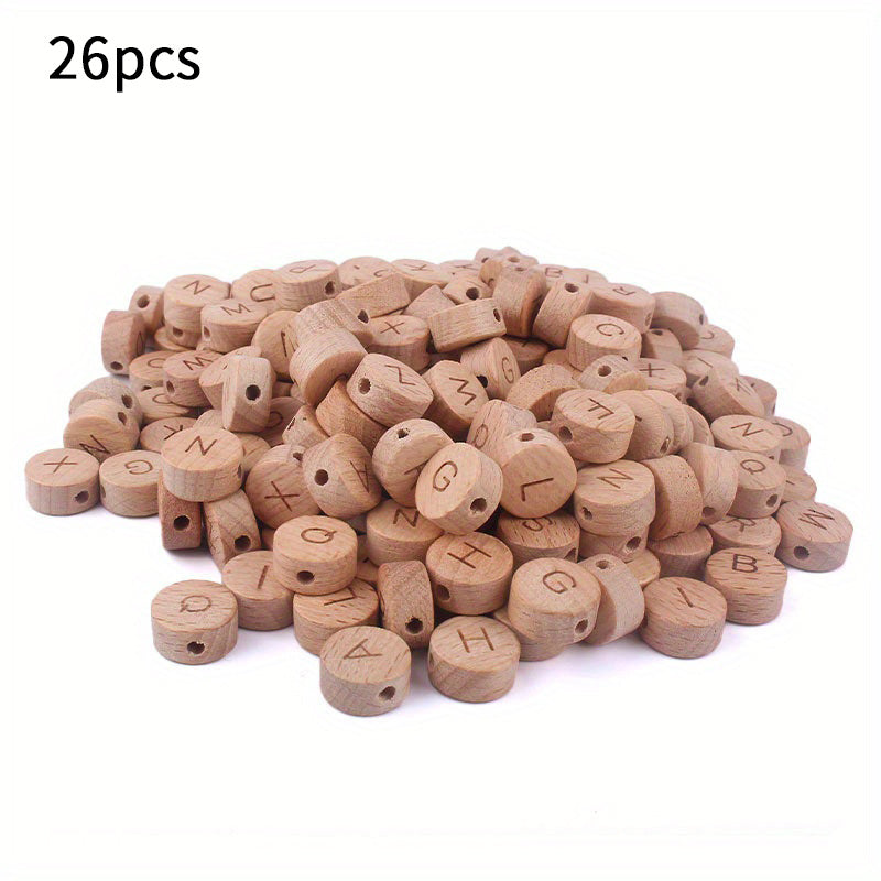 Each bag contains 26 pieces of 15mm flat round letter beads made of perforated beech wood - perfect for jewelry making and accessorizing.