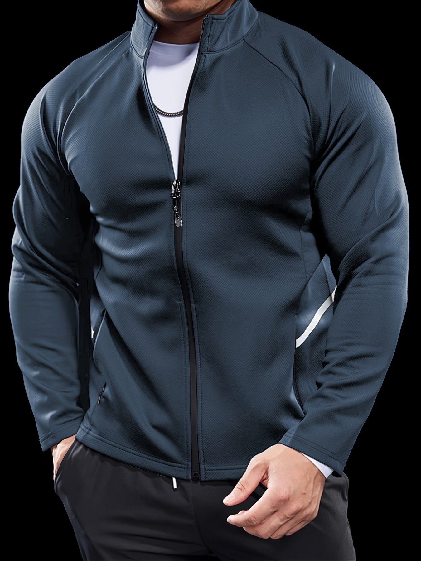 Men's full zip slim fit jacket, designed for sports and fitness with quick-dry and breathable material.