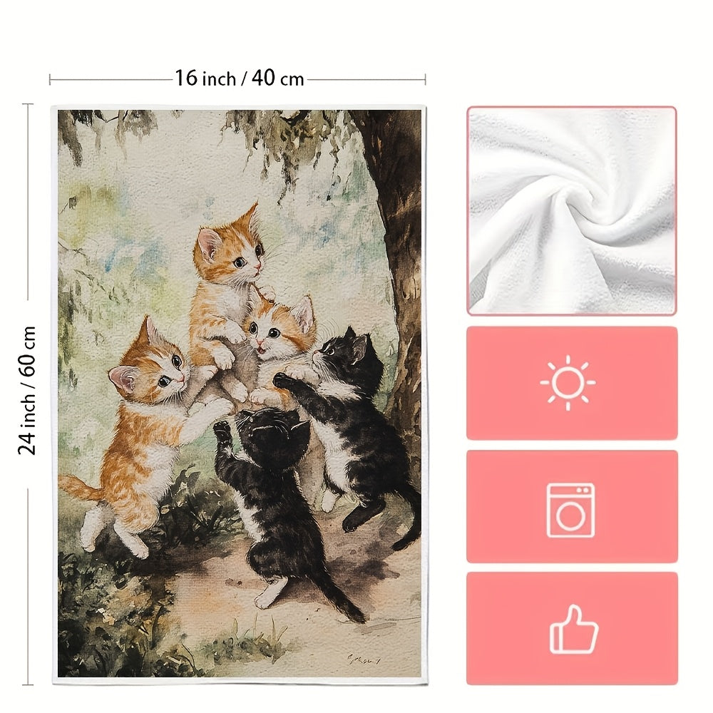 Two ultra plush kitchen towels featuring a playful kittens design. These highly absorbent towels are machine washable and measure 40.64x60.96 cm. Perfect for adding a touch of holiday charm to your kitchen decor and suitable for everyday use as dish