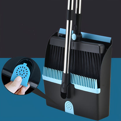 The Household Broom and Dustpan Combo Set features a long handle, rotatable broom head, and built-in scraper. Its upright standing design ensures efficient cleaning, making it ideal for the living room and bedroom. This set also includes cleaning tools