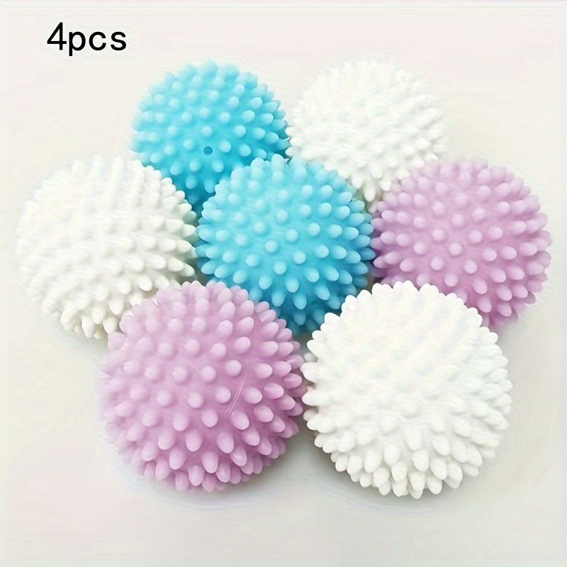 4 reusable laundry balls with multiple functions—lint remover, fabric softener, anti-roll, wrinkle reducer; no electricity needed.