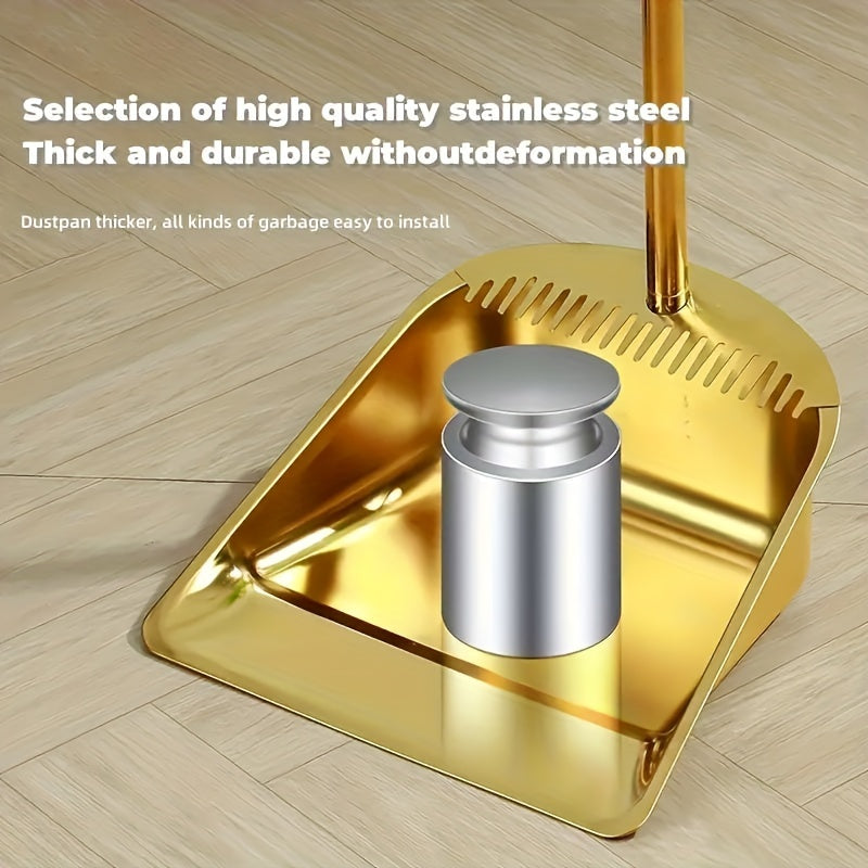 Elegant Gold Stainless Steel Broom and Dustpan Set - High Quality 2 Piece Set, Sturdy & Reinforced for Effective Home Cleaning - Ideal for Any Room in the House, Including Living Room, Bedroom, Bathroom, Kitchen, and Hardwood Floors.