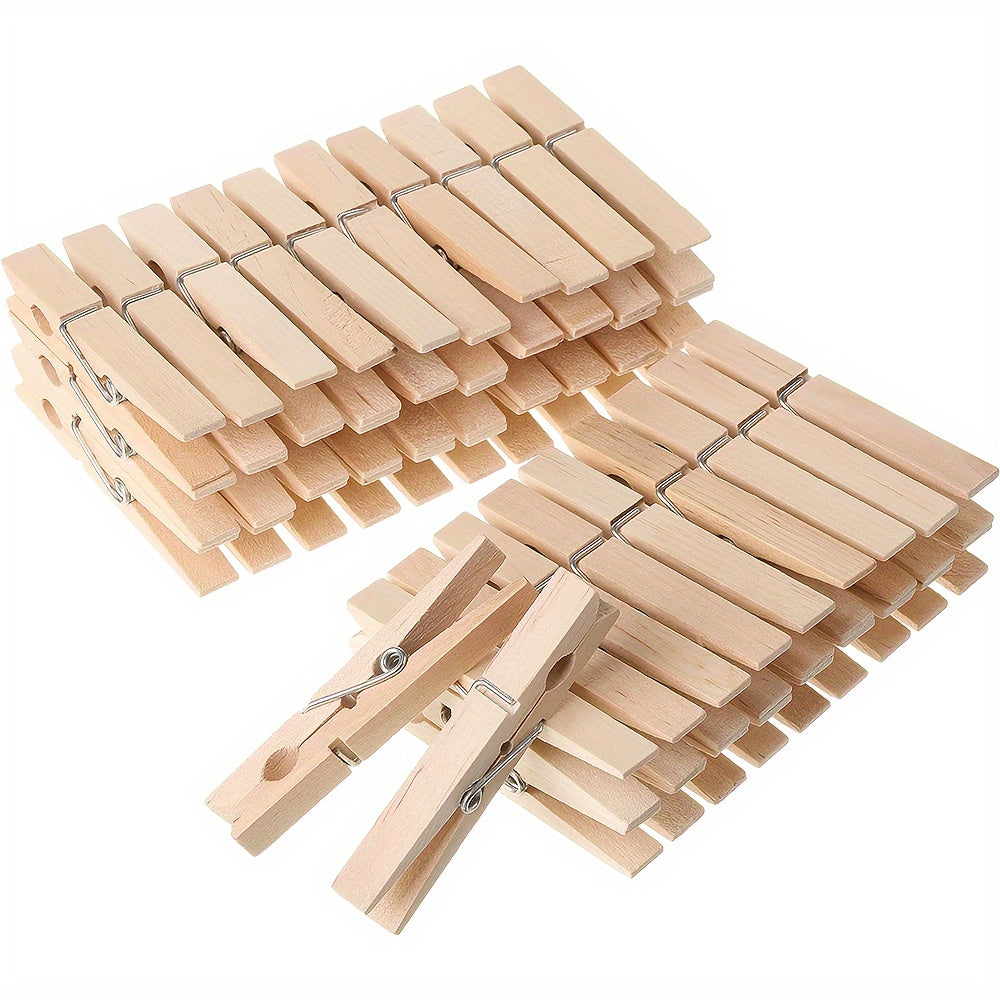 100 pack of wooden clothespins, perfect for hanging laundry or crafts. These large, natural wood clips are rust resistant and ideal for organizing photos in the classroom or office. Great for back to school or college supplies.