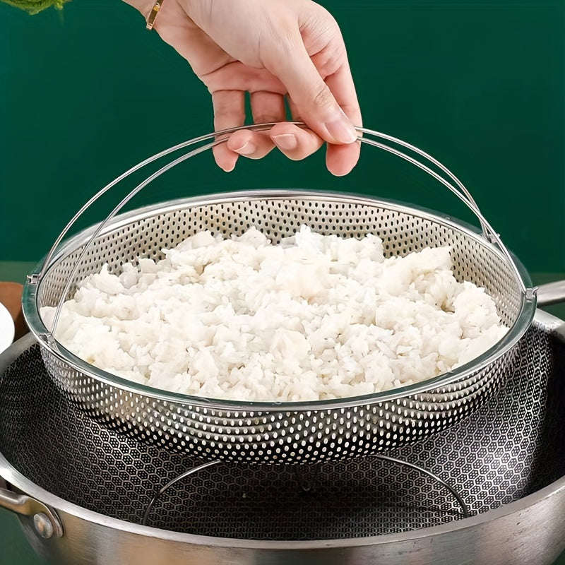 Stainless steel steamer basket for cooking rice and vegetables, versatile kitchen strainer rack, no electricity required, durable and multipurpose.