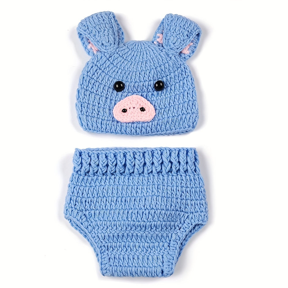 Cute handmade infant baby photography props - featuring adorable pigs hat and shorts suit outfit in a 2-piece set!