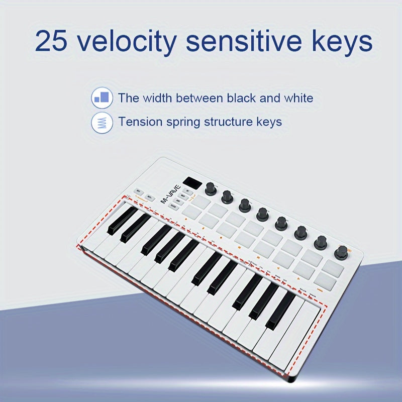 New M-VAVE SMK 25 II MIDI Keyboard with 8 Encoders, 16 RGB Backlights, Wireless MIDI, Speed Sensing, Vibrato, Touch Strip, 2000mAh Battery. Compatible with WINDOWS, MAC, IOS, Android.