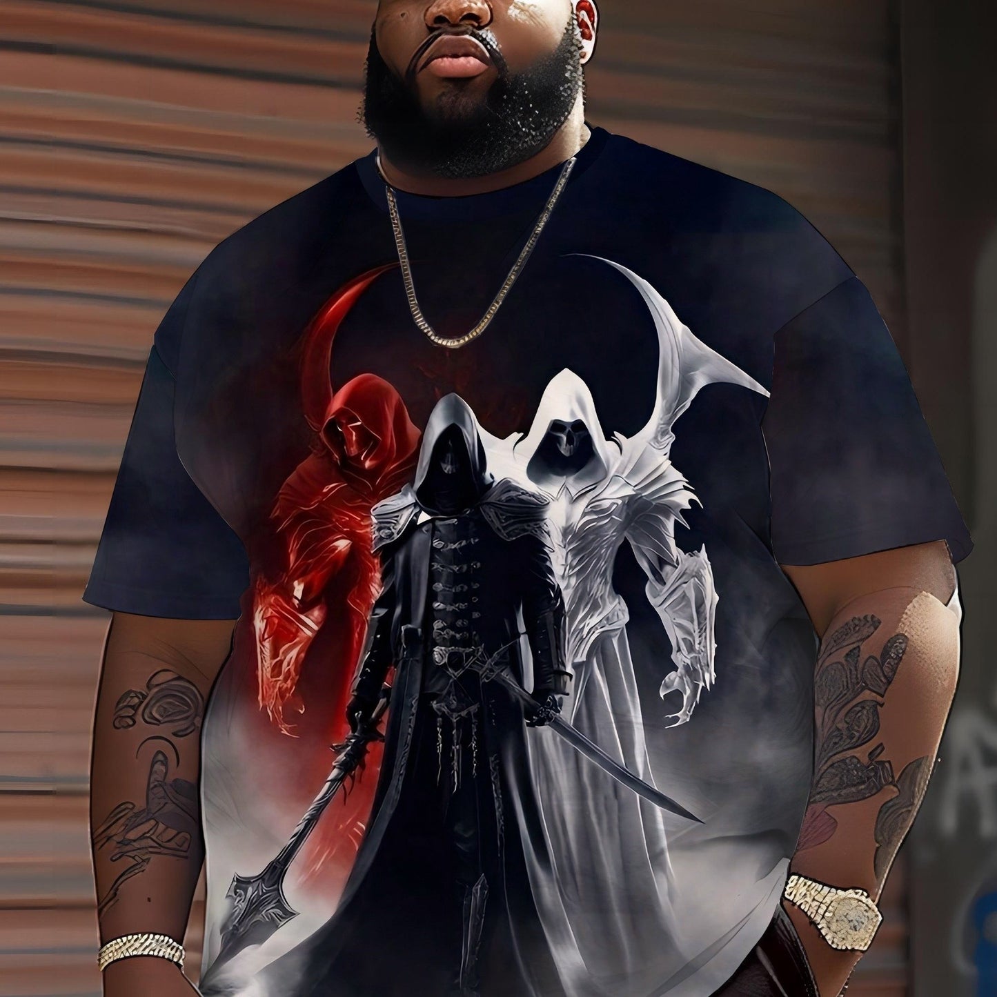 Grim Reaper graphic t-shirt for plus size men, made of comfortable, breathable polyester. Features full print design and round neckline, suitable for casual sports. Unisex adult top.