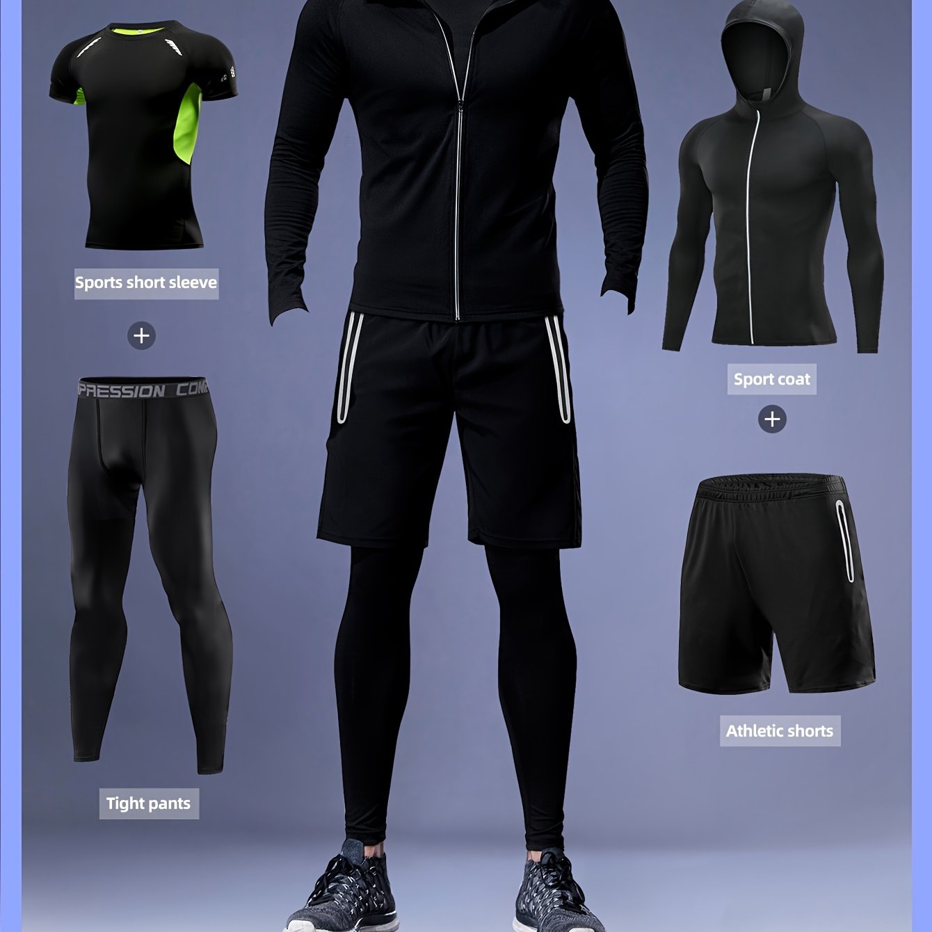 Men's Athletic Set: Includes hooded jacket, long sleeve shirt, shorts, and leggings for running, training, hiking, and outdoor activities. Made of polyester and spandex blend.