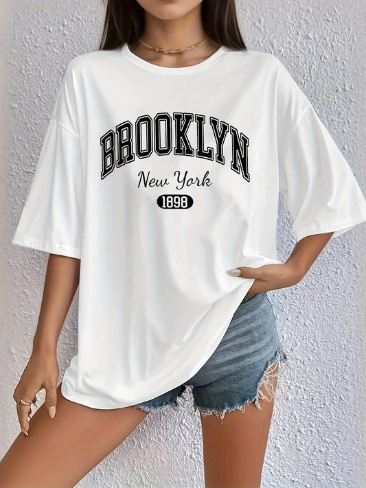 Plus Size Brooklyn Graphic T-Shirt in Polyester Knit, Casual Summer Wear for Women, in Plus Sizes