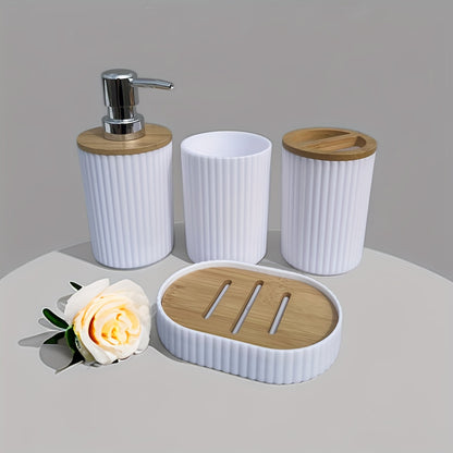 4-piece Bamboo Lid Bathroom Set includes press-to-pump dispenser bottles, toothbrush holder, soap dish, mat, and plastic storage organizer rack.