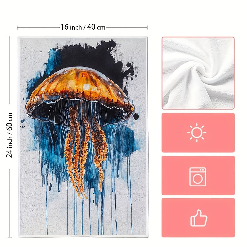 Two pieces of Coastal Jellyfish Design Kitchen Towels made of super absorbent polyester knit fabric. These towels are machine washable and feature a contemporary style. Each towel measures 40.64x60.96 cm. Product code: 2KYSYS1218333.