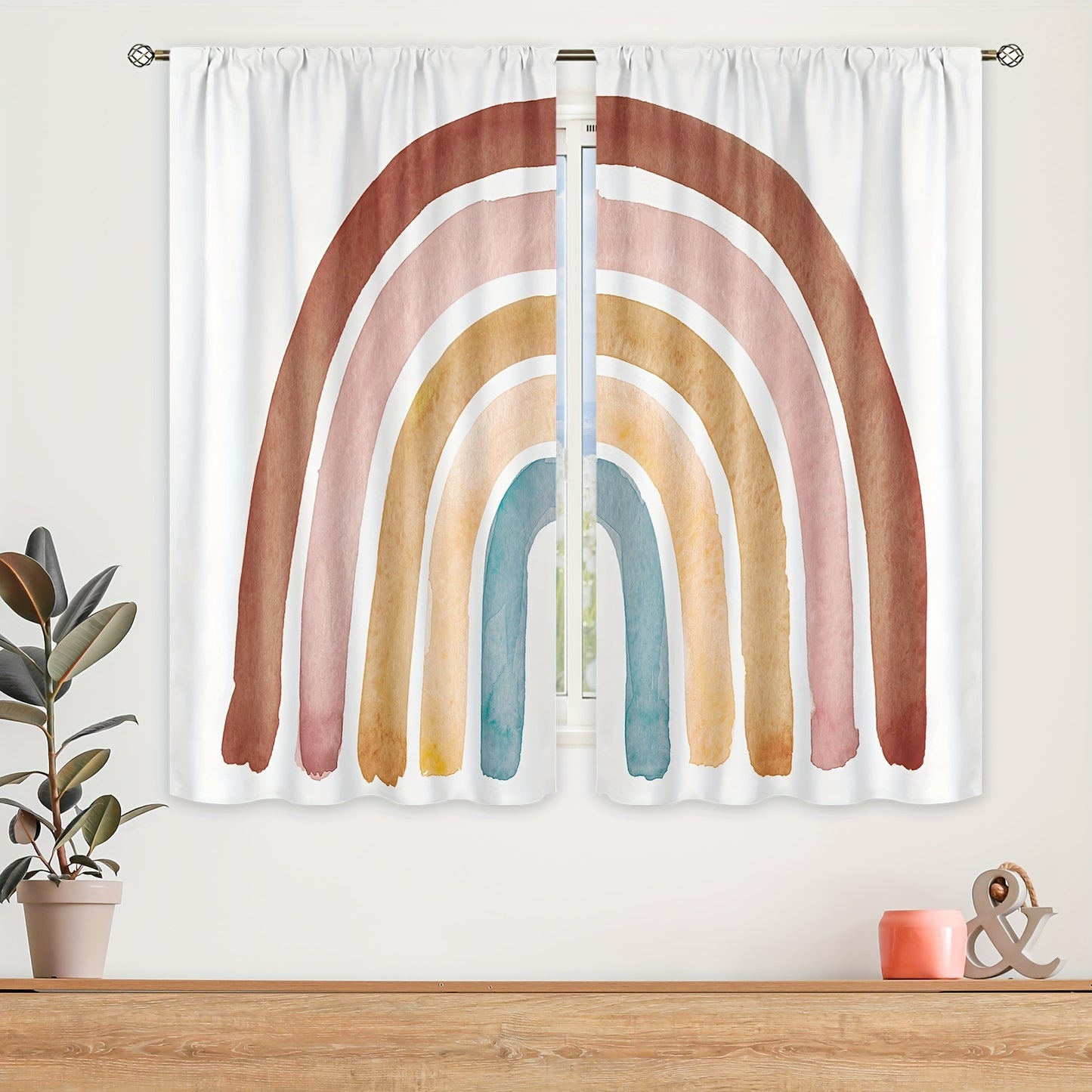 Polyester curtain with Bohemian Rainbow Cartoon design, 214cm x 160cm, 2 pieces.