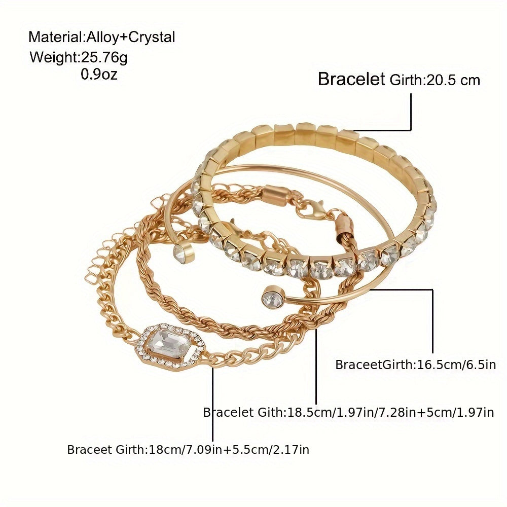 Women's 4-piece punk style twist chain bracelet set with rhinestones.