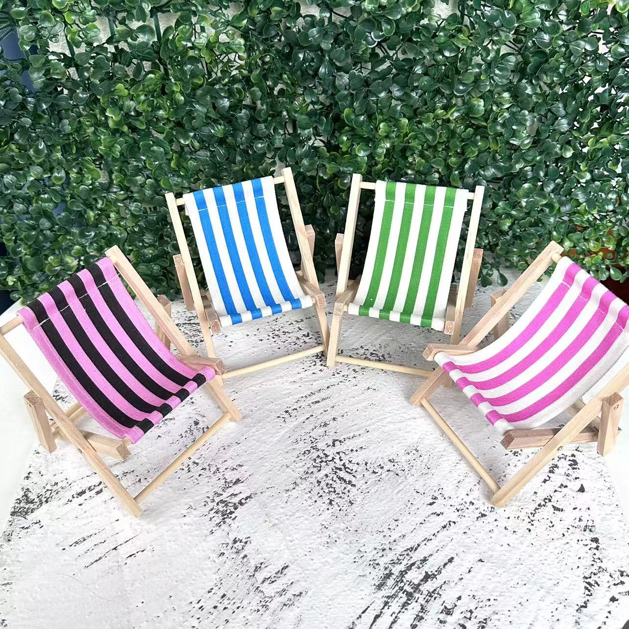 Set of 2 Mini Foldable Beach Chairs - Coastal Wooden and Fabric Design, Ideal for Wedding Decor, Desktop Decoration, Phone Holder, and Photography Prop