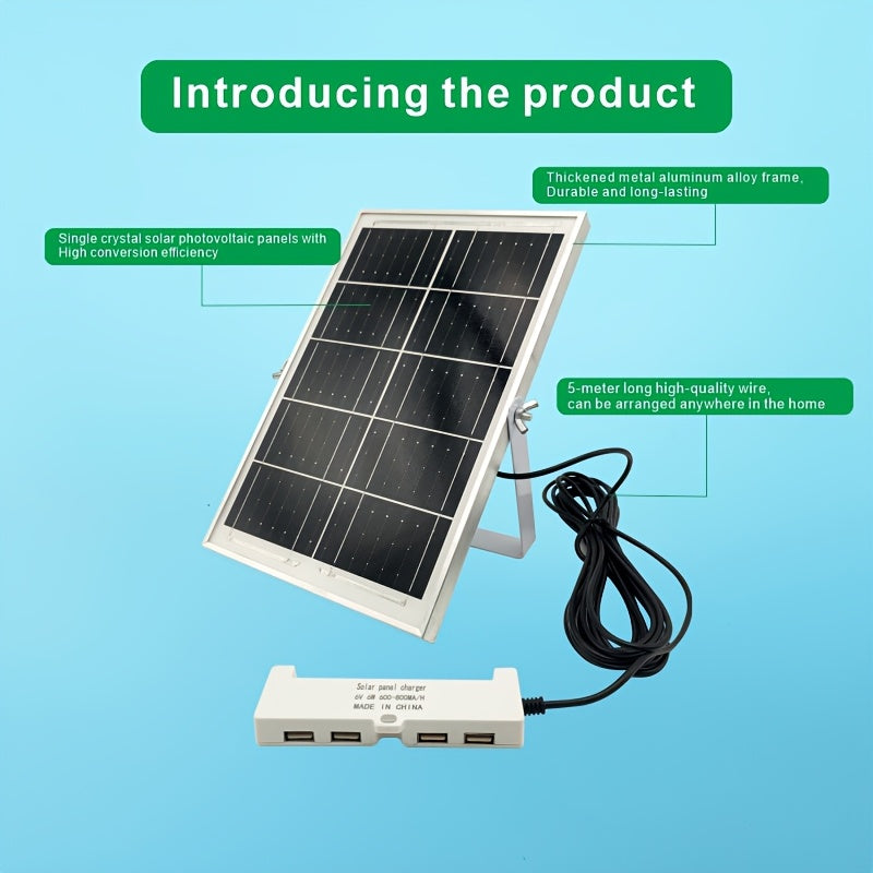 The Solar-Powered charging strip has four USB ports that can charge multiple devices simultaneously with an output of 600-800mA per hour. It includes a standard 5-meter cable.