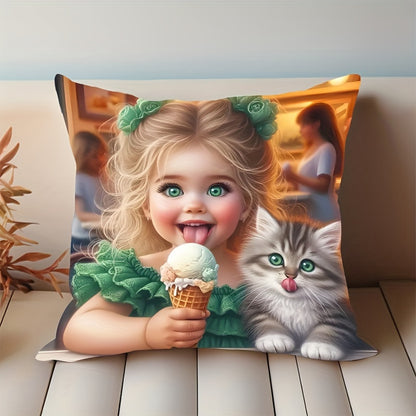 French Style Girl & Kitten Print short plush pillowcase, 44.96cm x 44.96cm, polyester knit, zippered, machine washable. Ideal for home decor.