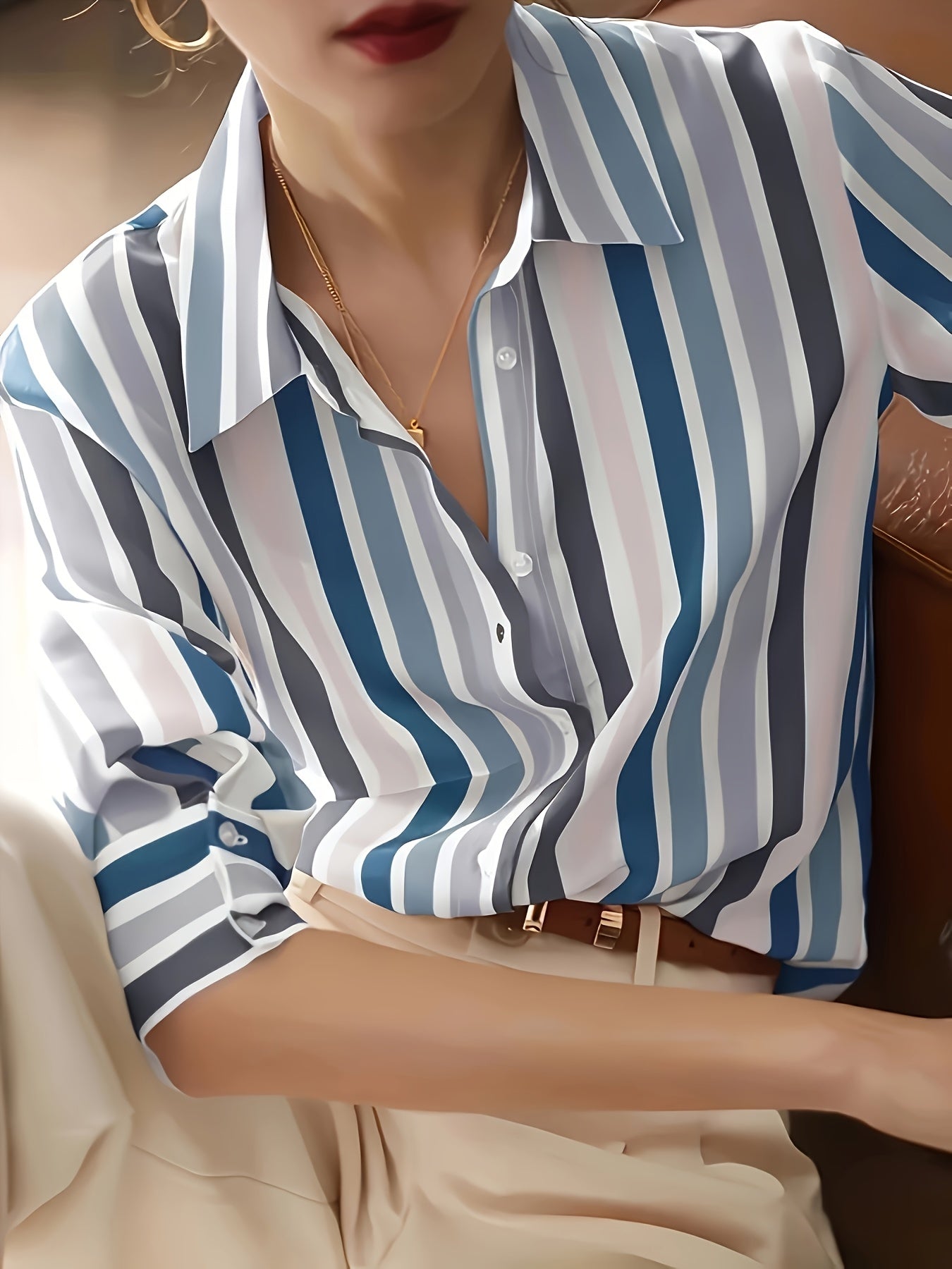 Casual striped print button-down shirt for women. Made from 100% polyester woven fabric with a lapel collar, long sleeves, and lightweight at 110g/m². Ideal for spring, summer, or fall.