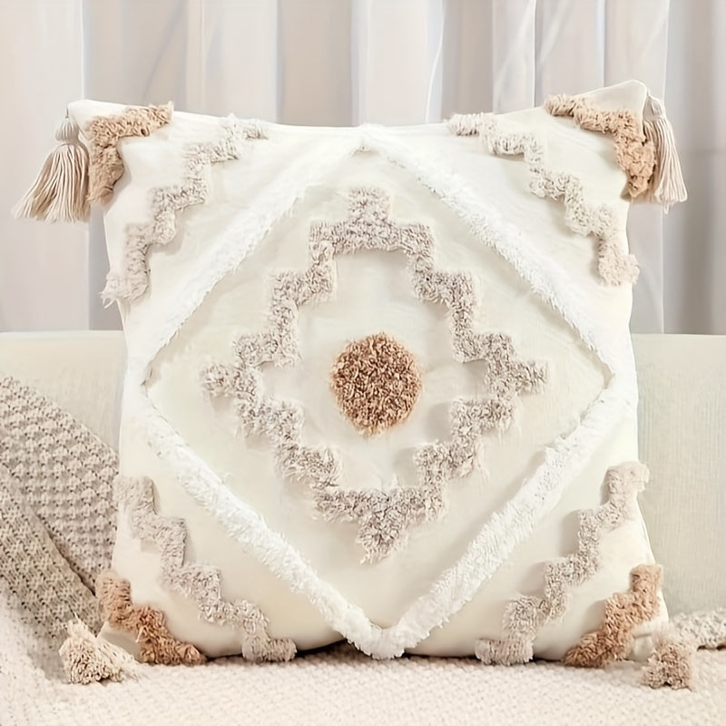 Boho-Chic Beige Tufted Throw Pillow Cover with Tassels - Cotton Canvas, Zip Closure, Hand Washable - Ideal for Home Decor, No Insert Included