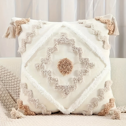 Boho-Chic Beige Tufted Throw Pillow Cover with Tassels - Cotton Canvas, Zip Closure, Hand Washable - Ideal for Home Decor, No Insert Included