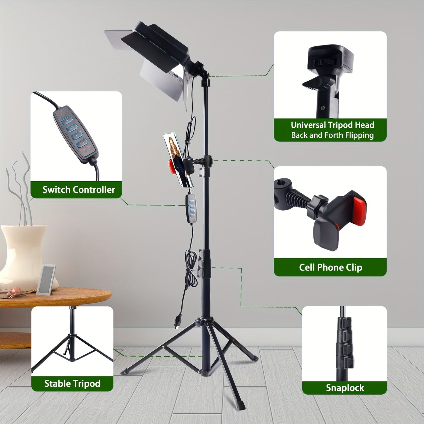 Photography lighting kit with studio fill lights, tripod, LED fill light, dimmable options, four baffles, cell phone clip. Ideal for video recording, photo studio, conferences, live selfies.