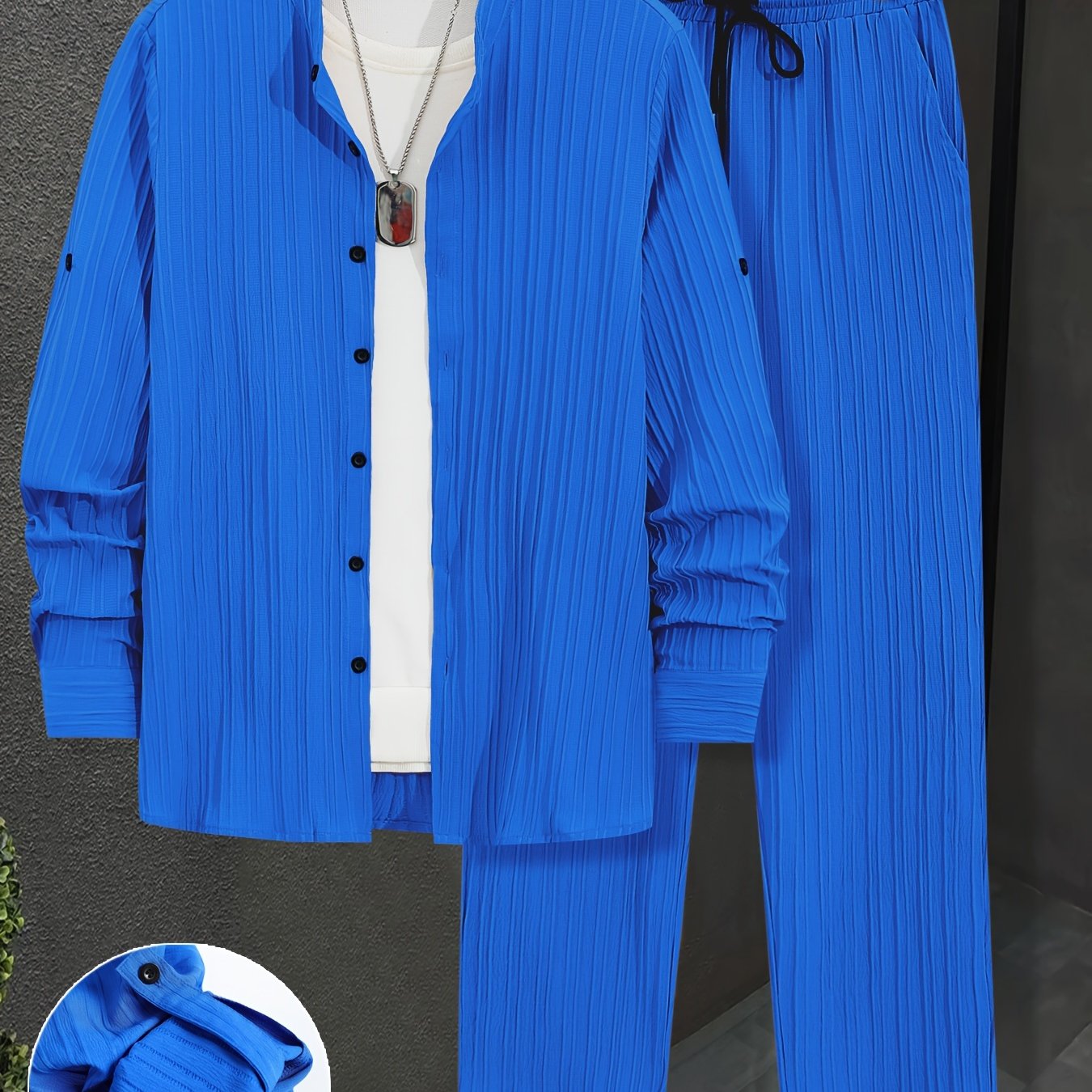 Men's Textured Polyester Sweatsuit Set, Casual Style, Regular Fit, Collared Shirt, Drawstring Pants, Button Details, All-Season Woven Lash Sets