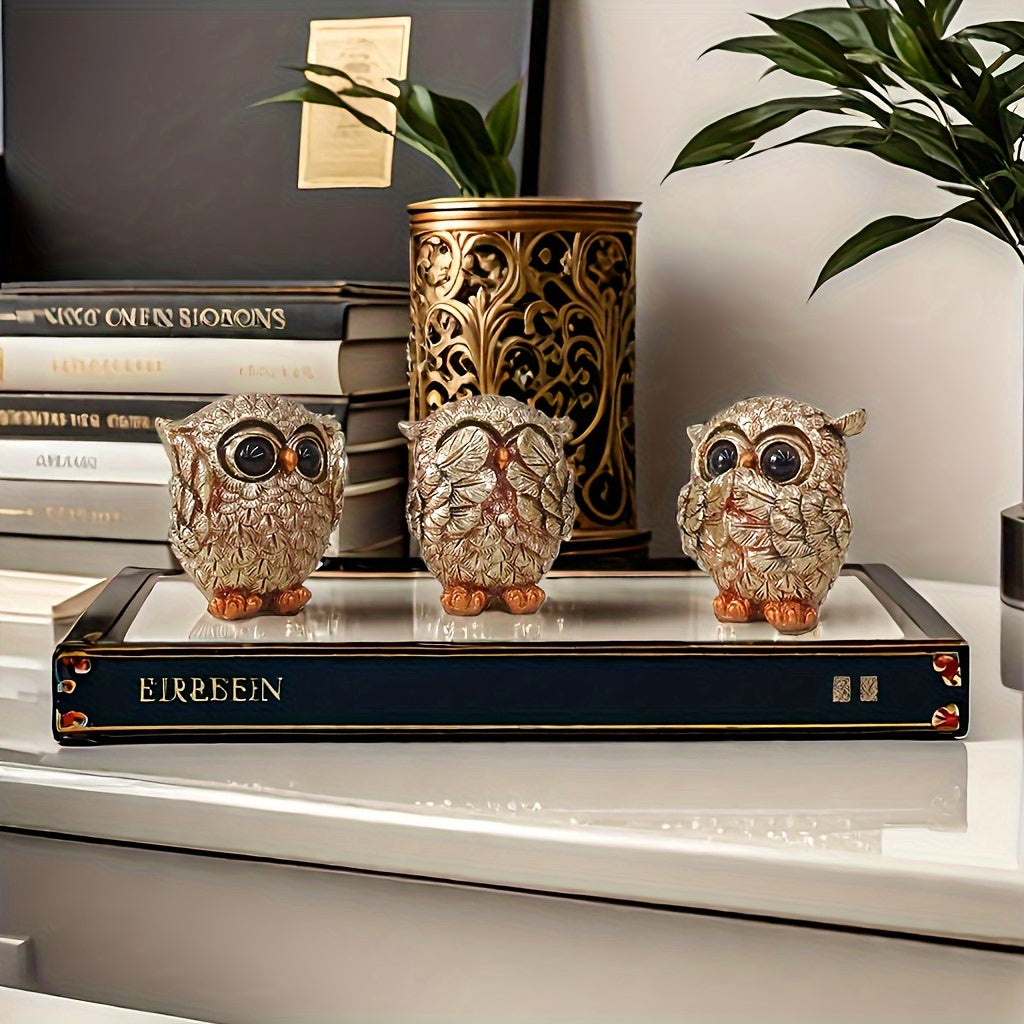 3 European-style owl figurines crafted from resin for indoor decoration in living rooms, offices, and home decor - versatile and no need for electricity.