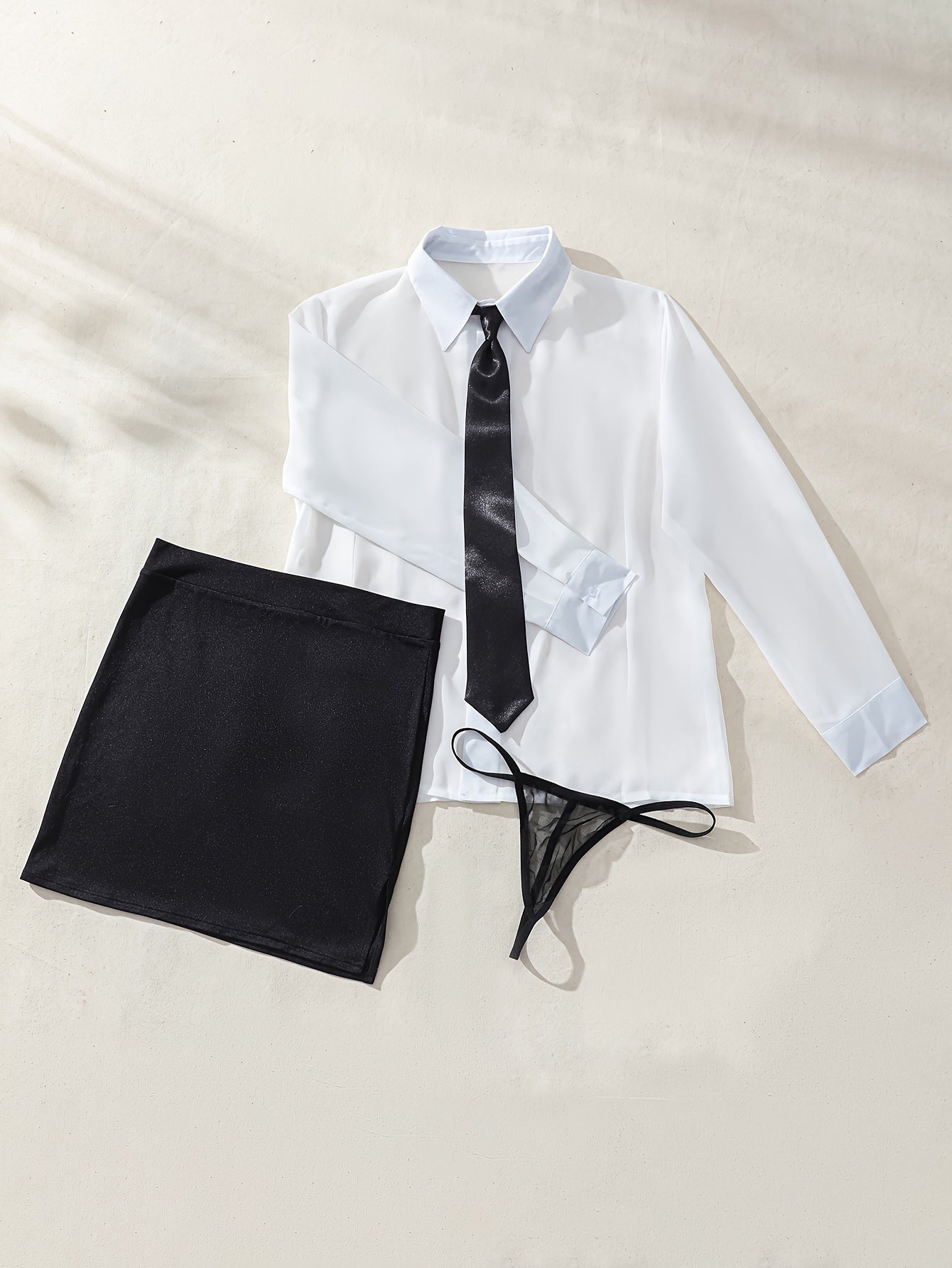 Seductive office attire includes sheer shirt, bodycon skirt, thong, and tie for women.