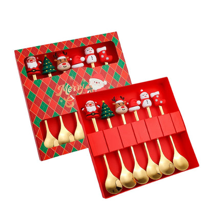 Set of 4/6 Christmas-themed stainless steel coffee spoons and forks in a red or green gift box for stirring beverages and desserts.