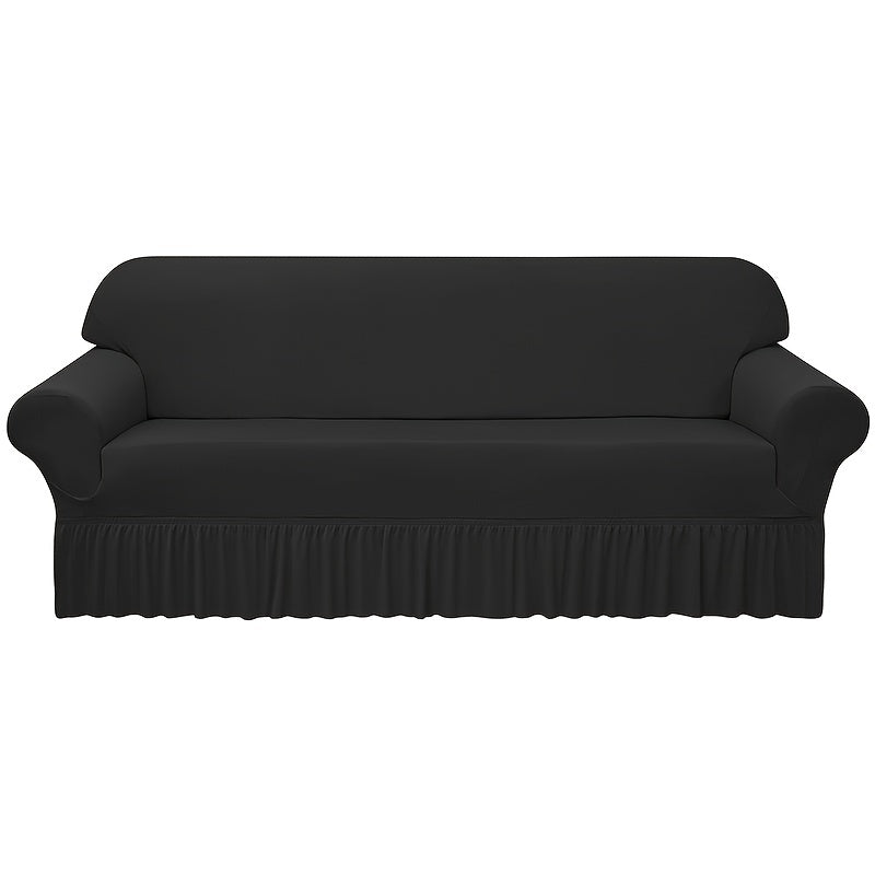 Elastic waterproof sofa slipcover with skirt for all seasons, ideal furniture protection for home and office.