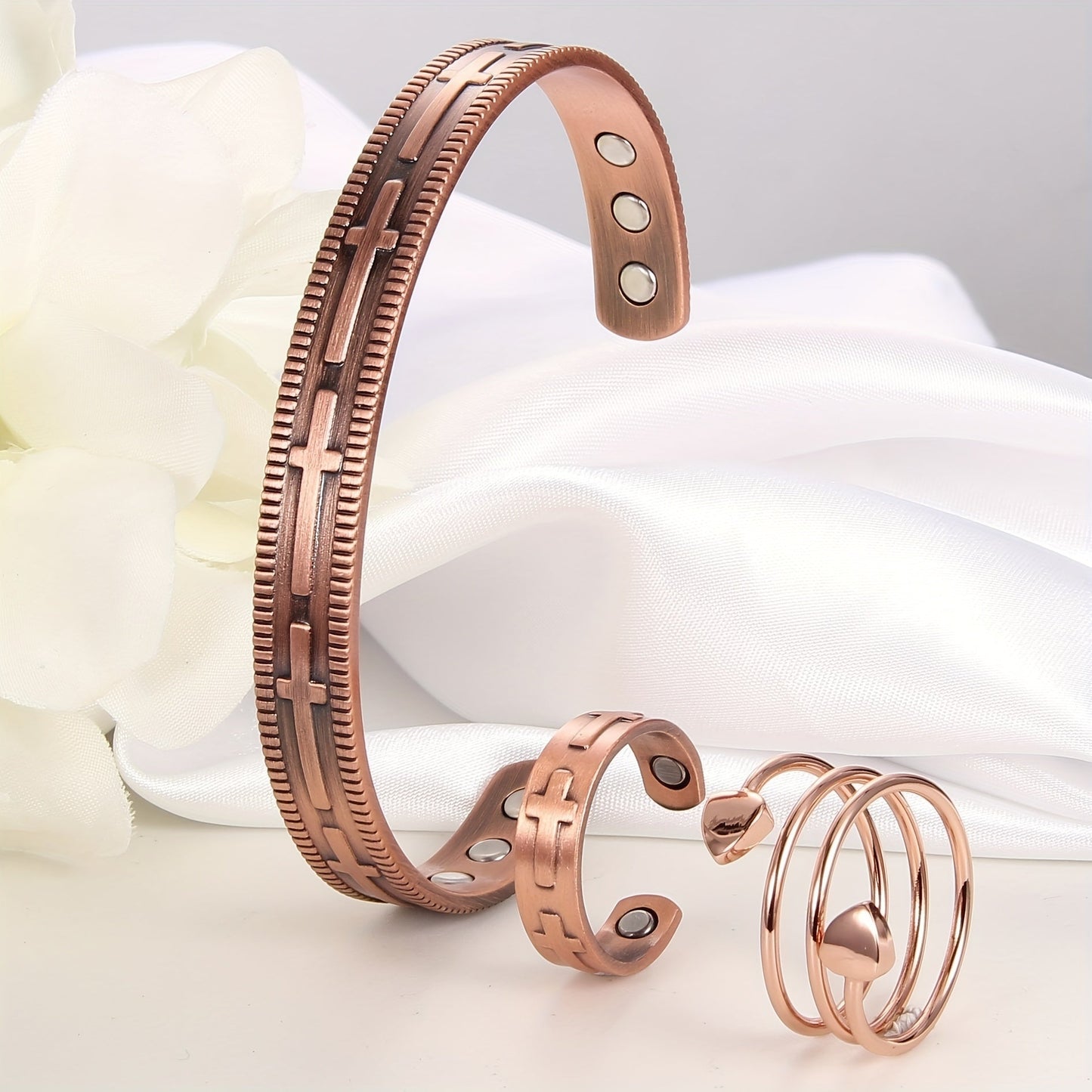 Copper Bracelet and Ring Set for Men and Women - Includes 3 Pieces of Copper Magnetic Cross Bracelets and Rings with 3500 Gauss Magnets. This Adjustable Copper Jewelry makes a Perfect Gift for Birthdays or Valentine's Day.