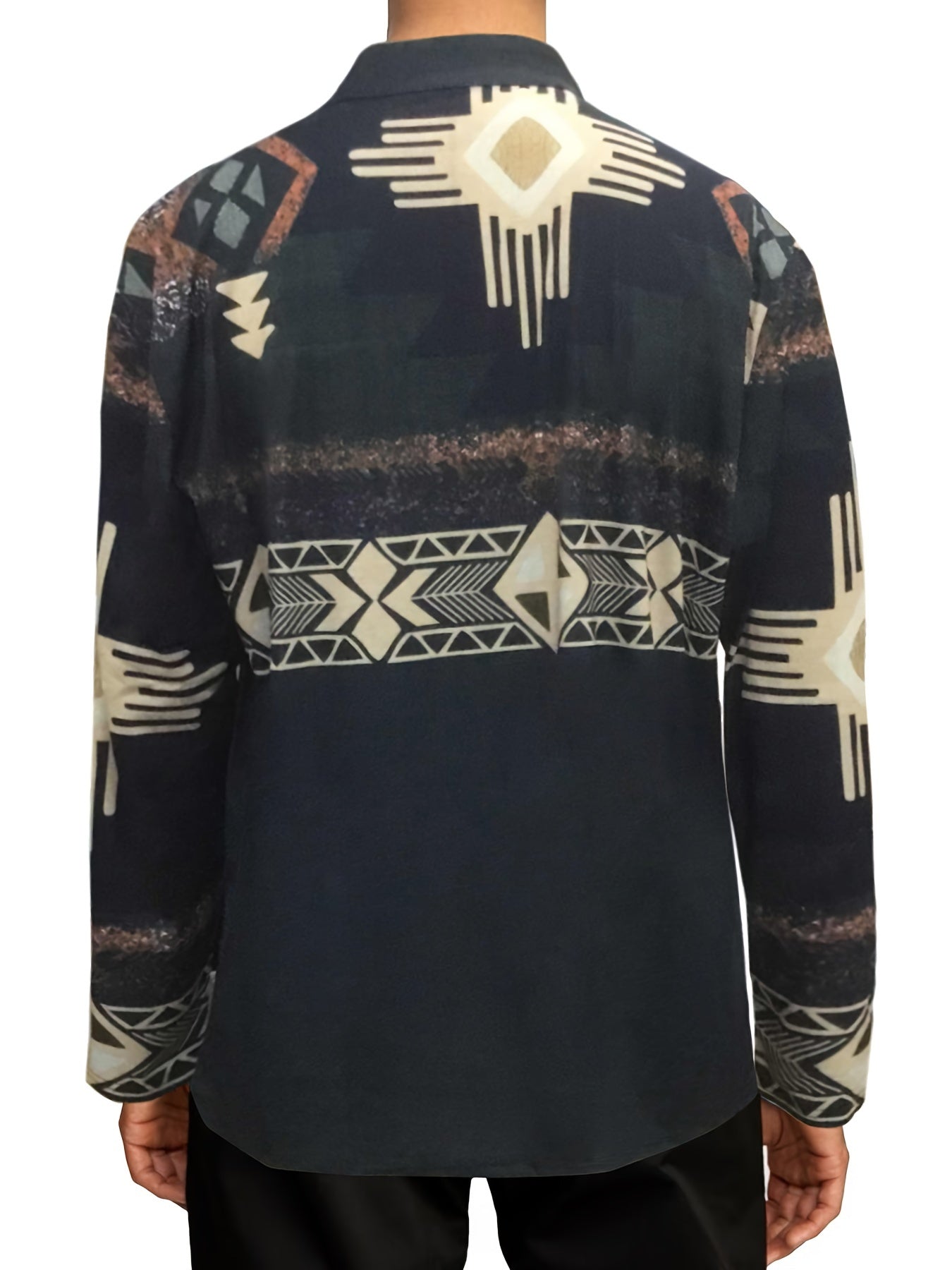 Tribal pattern hoodie made of 100% polyester knit fabric with lapel collar, button detail, and slight stretch. Lightweight at 5g/m², for daily sportswear in ethnic style, available in plus