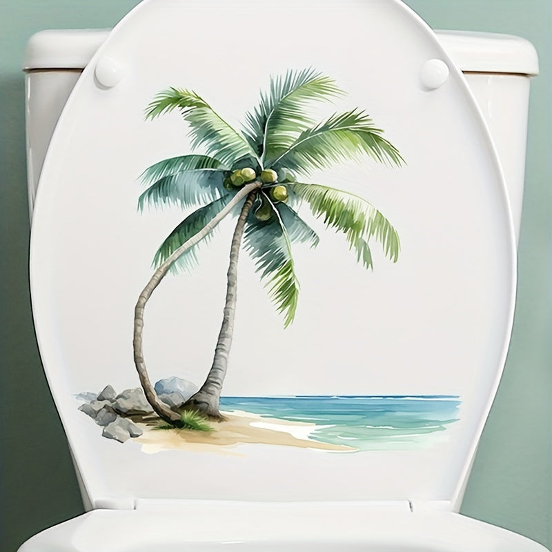 Waterproof bathroom decal featuring an ocean coconut tree design, self-adhesive with matte finish for home decor.