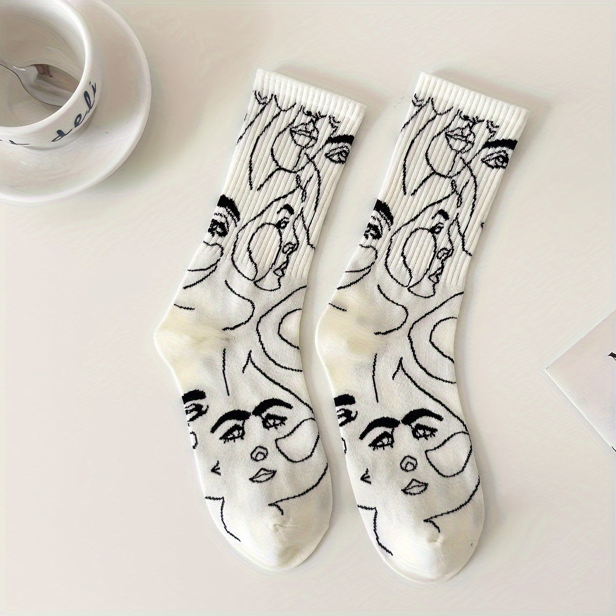 3 pairs of women's abstract line mid-calf socks with geometric pattern, made of cotton blend (60% cotton, 30% polyester, 10% spandex), knitted ribbed texture, hand washable, 350g/m²