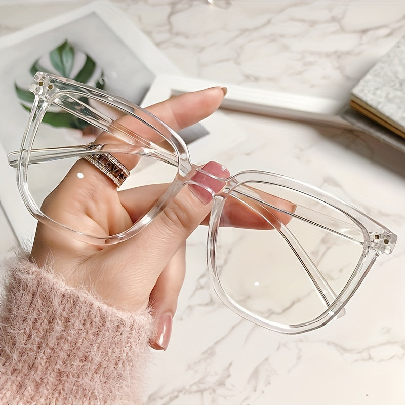 Square blue light blocking glasses for spring use, lightweight and anti-glare for computer, TV, and phone.