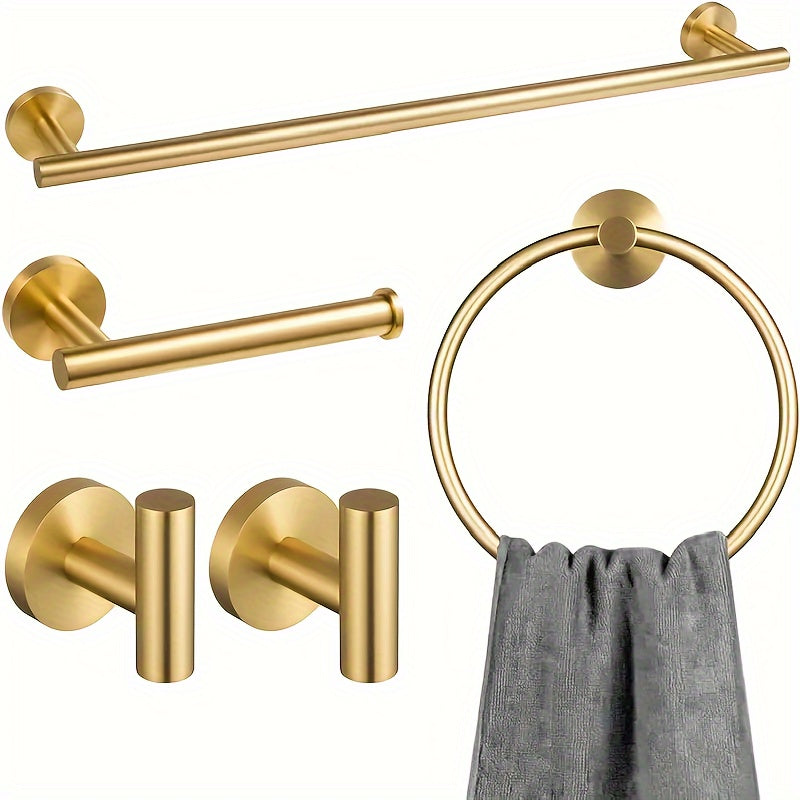 Five-piece set of bathroom accessories including a stainless steel towel rod, bath towel rod, toilet paper holder, towel ring, and Yukata hook, suitable for use in hotels or homes. Ideal for upgrading your bathroom.