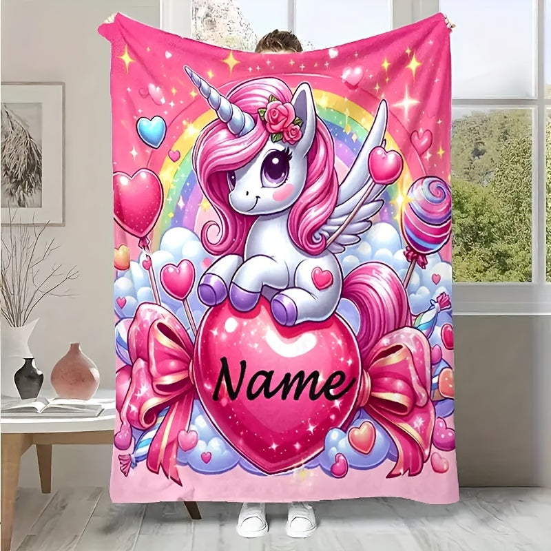 Personalized Rainbow Clouds and Fantasy Creature Print Flannel Throw Blanket - 1 Piece, Cozy and Warm Plush Blanket for Sofa, Bed, Travel, Camping, Home, Office - Machine Washable, Contemporary Design, Hypoallergenic, Perfect for All Seasons