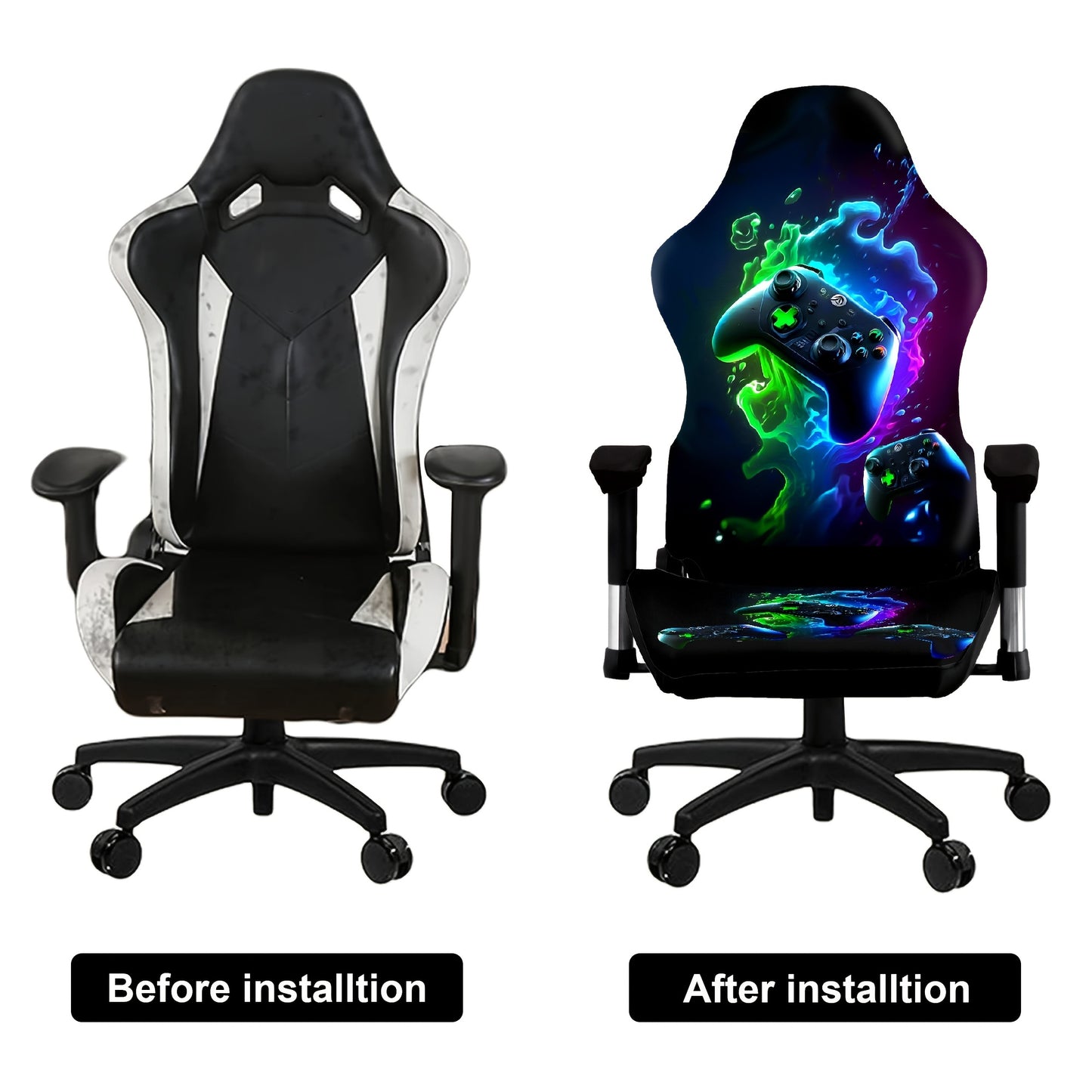 Modern gaming chair cover with high elasticity and unique digital print, made from a blend of polyester and spandex fabric. Washable and suitable for home and office decor.