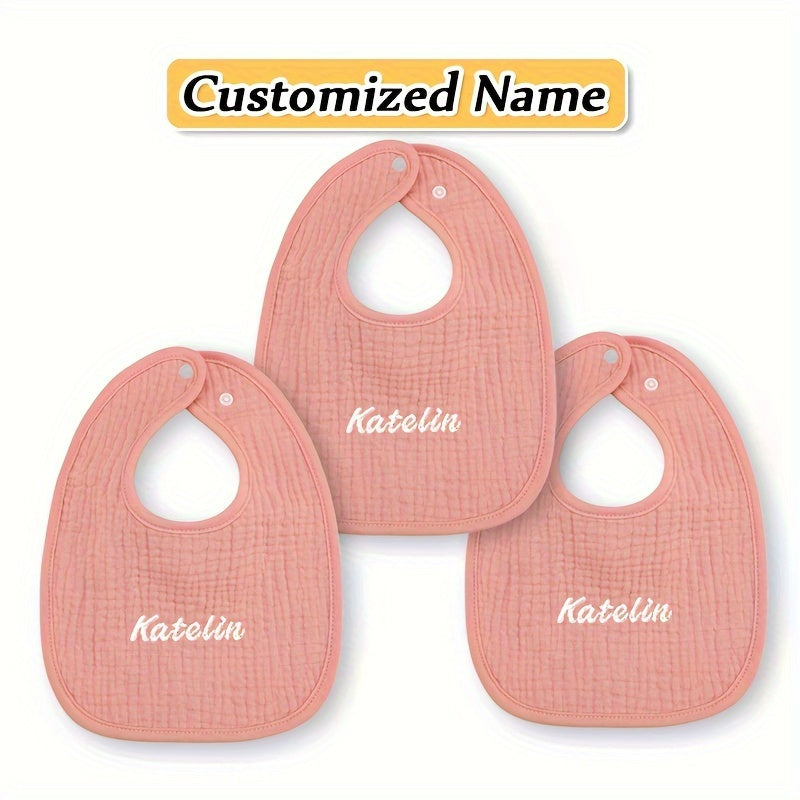 Bundle of 3 Custom Baby Bibs in Yellow, Gray, and Pink - Made with Soft Cotton and Adjustable Snap Buttons. Includes Personalized Name Service, Ideal for Newborns and Toddlers. Great for Holiday Gifting!