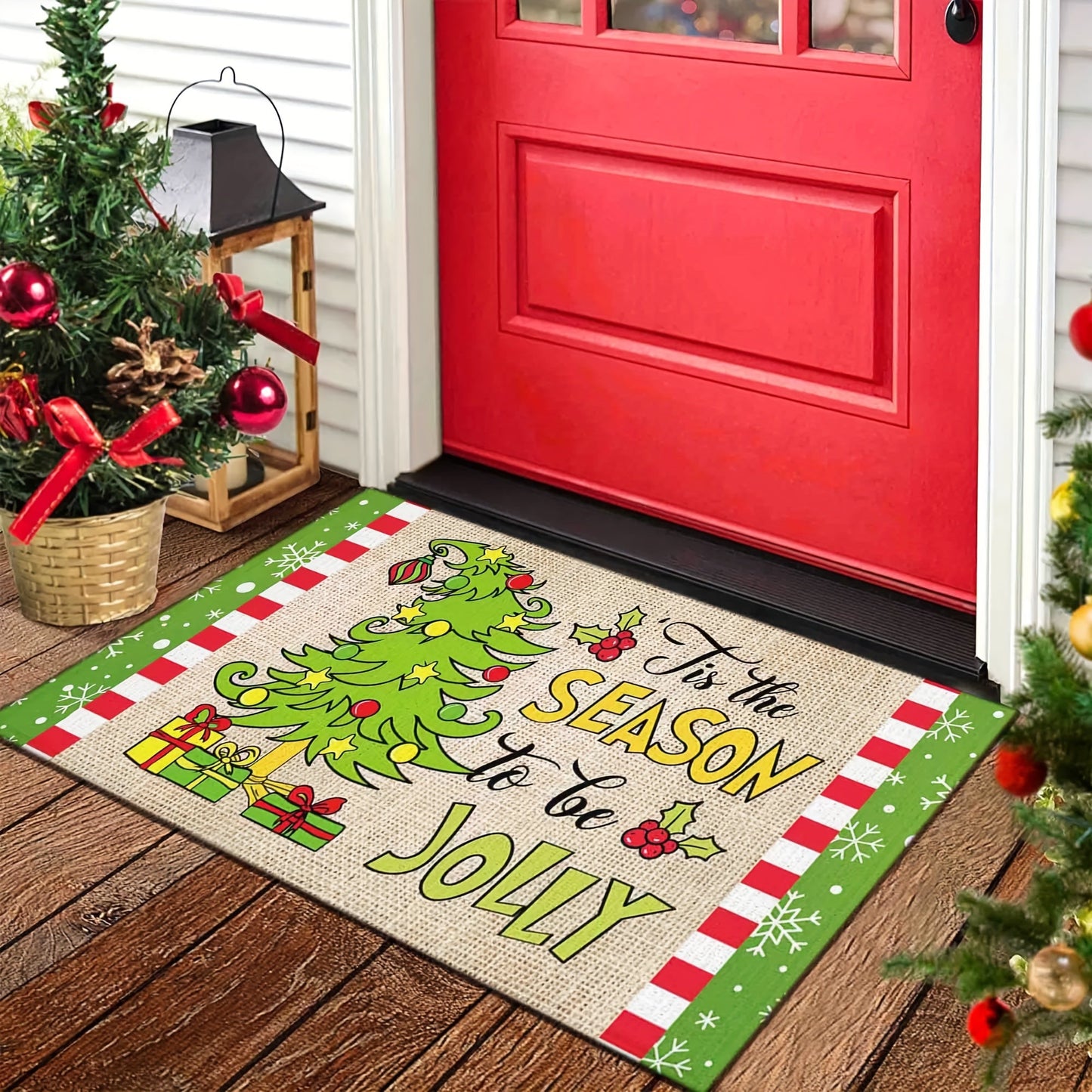 Get into the festive spirit with this Whoville Christmas floor mat! Featuring a delightful Christmas tree design with a green edge snowflake decoration, this non-slip mat is perfect for adding a touch of holiday cheer to your home or outdoor space. Ideal