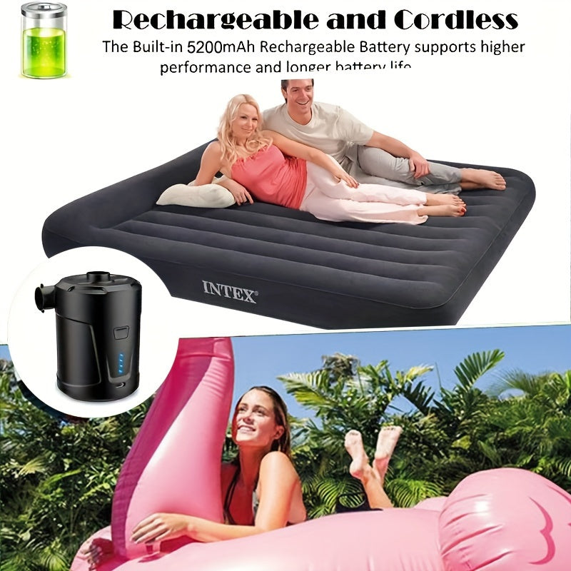 Portable dual-purpose electric pump for swimming pool, air mattress, etc. - 5200mAh rechargeable battery, black.