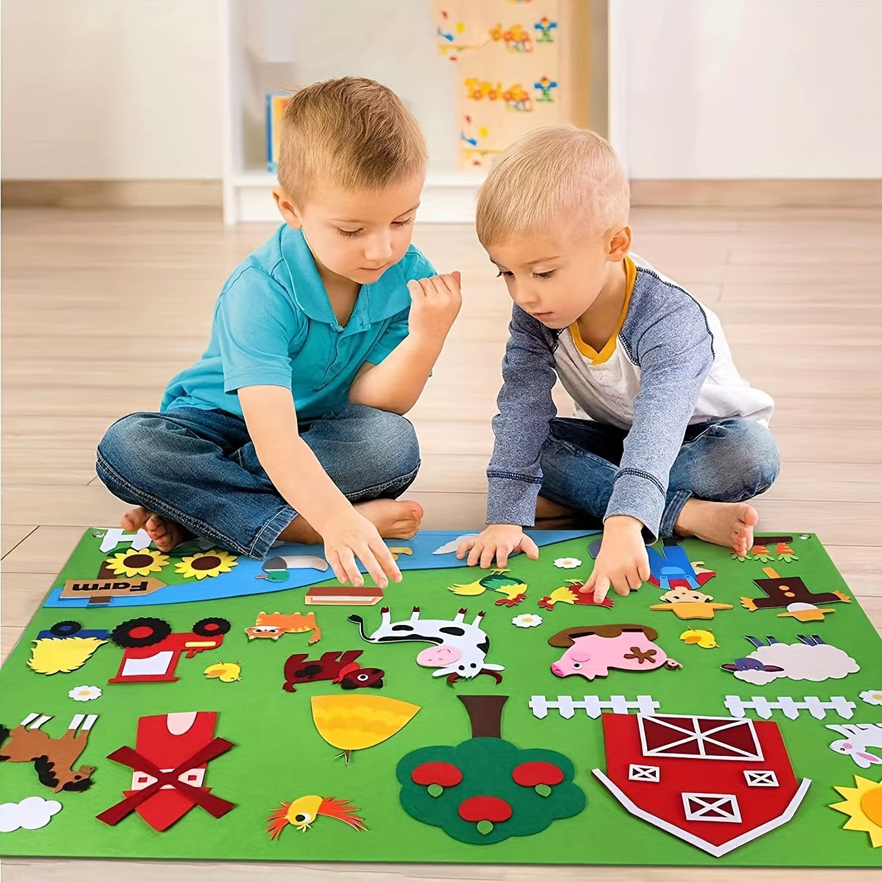 WATINC 38-piece Farm Animal Story Felt Board Set for Interactive Toddler Storytelling, Early Learning Wall-Hanging Kit for Nursery Farmhouse Theme.