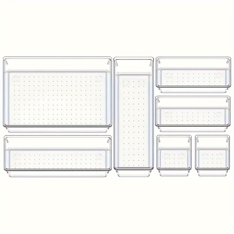 Clear plastic drawer organizers set includes 7-18 pieces in 4 sizes for versatile organization in bathroom, vanity, makeup, bedroom, kitchen, and office.