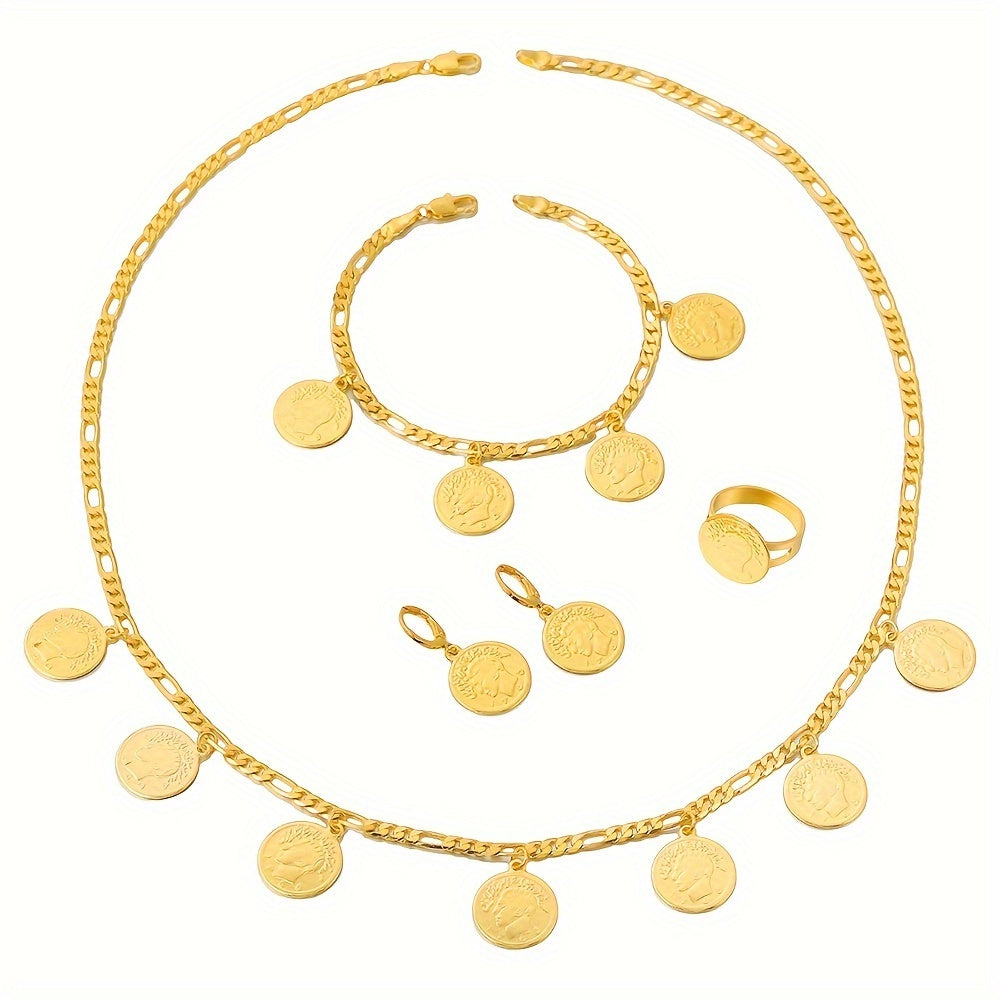 Vintage Boho Lady Jewelry Set: Includes necklace, earrings, and bracelet. Made with 18K gold plating and copper base. Perfect for parties and celebrations.