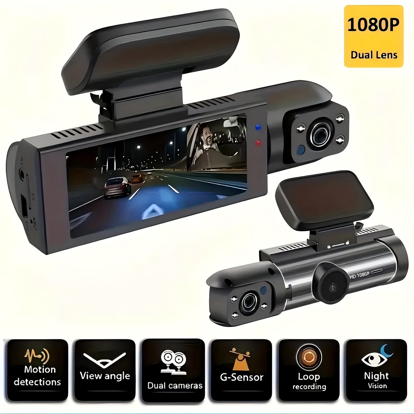 HD 1080P Dual-Camera Car DVR with Night Vision, IPS Screen, Wide Angle Lens - Easy Install, Rechargeable Battery, Front and Rear Cameras, Cycle Recording