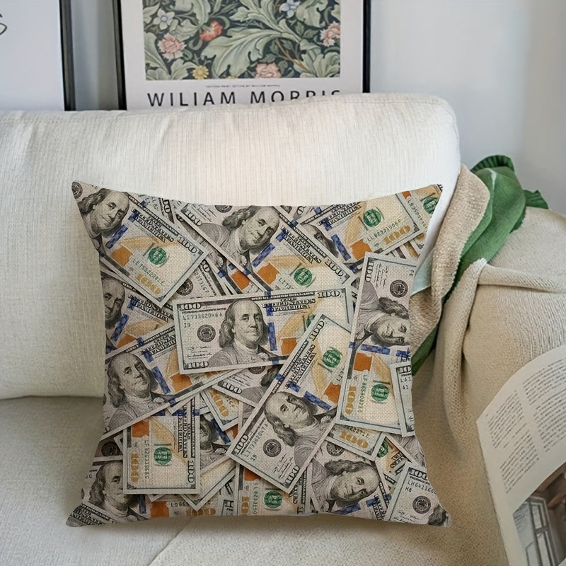 Humorous dollar bill pillow cover. 45.72x45.72 cm, double-sided with zip closure. Great for bedroom and living room decor. Machine washable polyester.