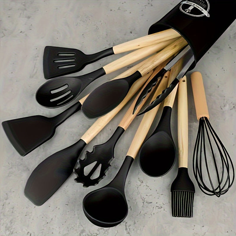 Silicone Kitchen Utensil Set with 12 Pieces and Wooden Handles - Non-Stick Cooking Tools for Home and Dorm Use - Ideal Present for Christmas and Halloween