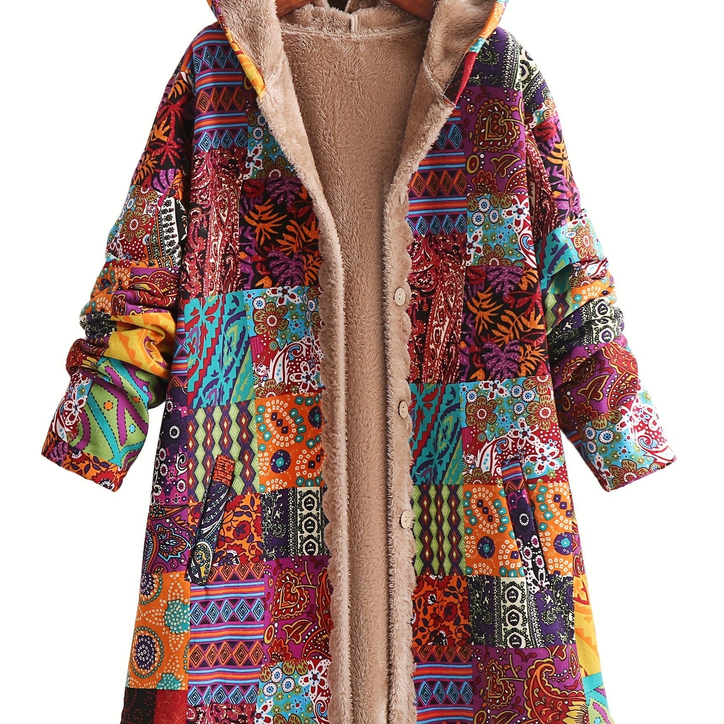 Fleece-lined hooded coat with colorful paisley & floral print, button front, long sleeve for women, machine washable.