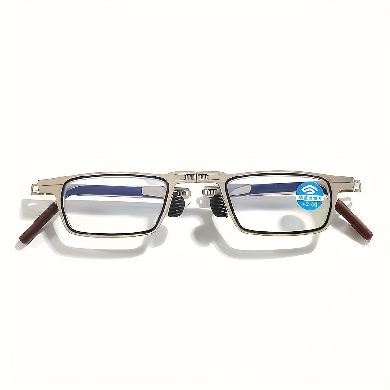 Rectangular full rim reading glasses with anti-blue light lenses, metal frame with mirror coating, and portable folding design for men and women.